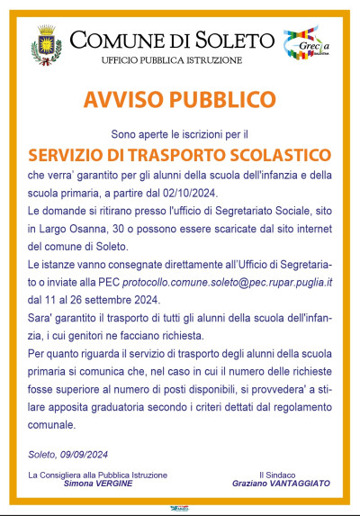 SERVIZIO DI TRASPORTO SCOLASTICO - APERTURA ISCRIZIONI