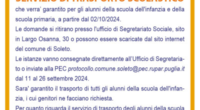 SERVIZIO DI TRASPORTO SCOLASTICO - APERTURA ISCRIZIONI