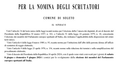 CONVOCAZIONE DELLA COMMISSIONE ELETTORALE COMUNALE PER LA NOMINA DEGLI SCRUTA...