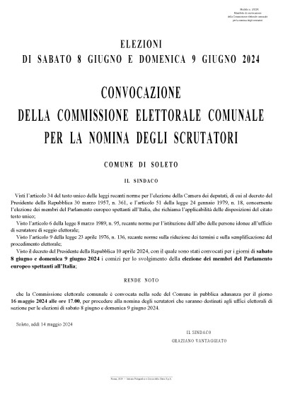 CONVOCAZIONE DELLA COMMISSIONE ELETTORALE COMUNALE PER LA NOMINA DEGLI SCRUTA...