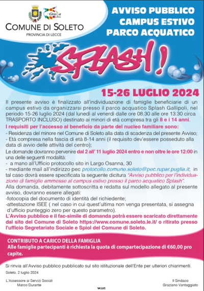 Campus estivo per ragazzi presso il parco acquatico Splash di Gallipoli