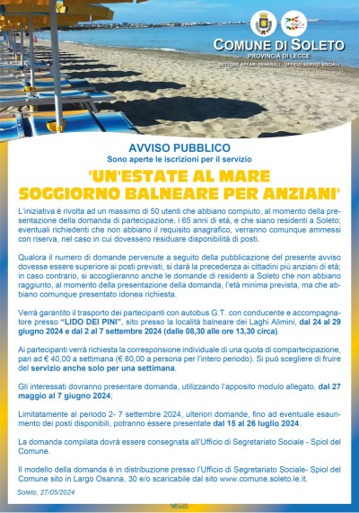 “UN’ESTATE AL MARE – SOGGIORNO BALNEARE PER ANZIANI”