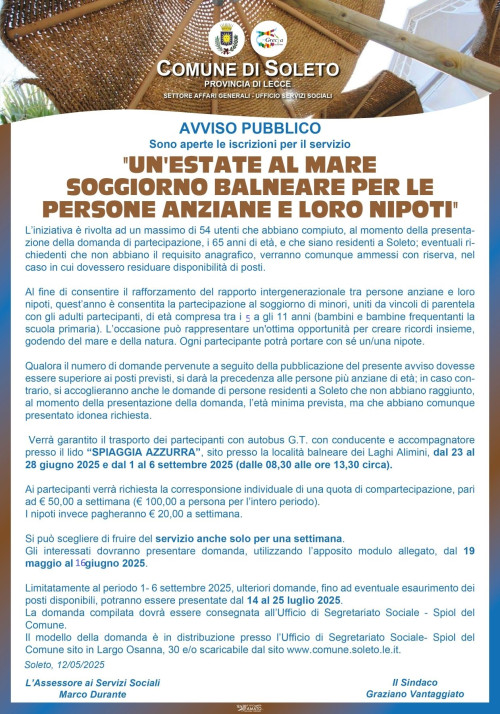 UN’ESTATE AL MARE – SOGGIORNO BALNEARE PER LE PERSONE ANZIANE E L...