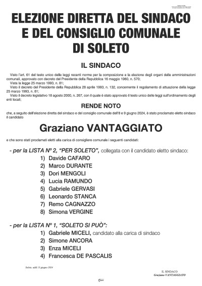 Elezione diretta del Sindaco e del Consiglio Comunale di Soleto